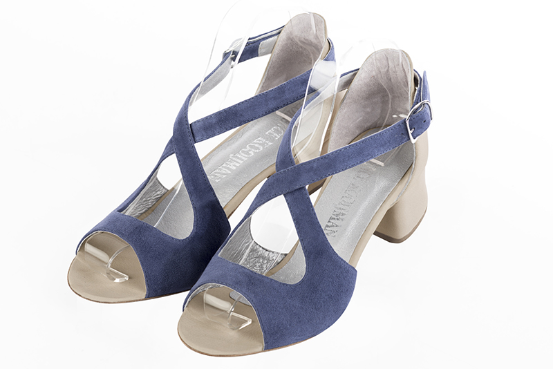 Champagne white and prussian blue women's closed back sandals, with crossed straps. Round toe. Low flare heels - Florence KOOIJMAN